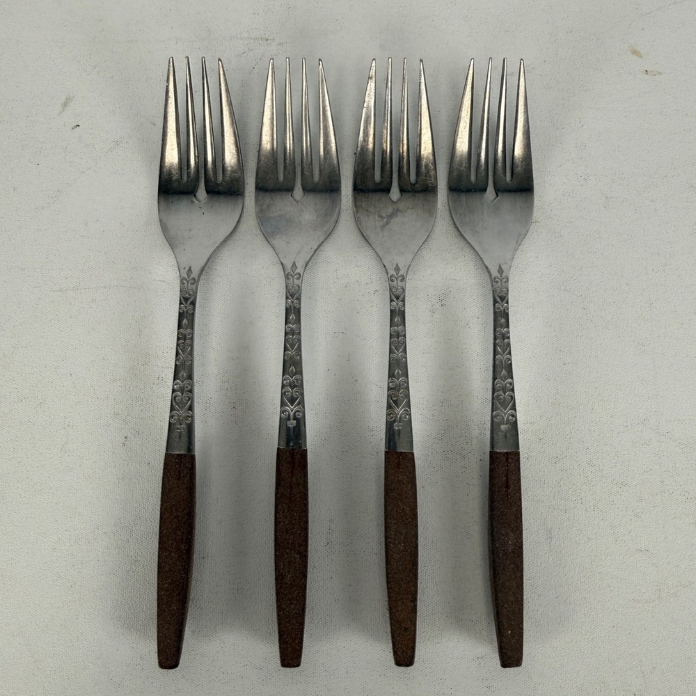 VTG Interpur Stainless Flatware 4 Pcs SALAD FORKS 7 1/4" Brown Canoe Wood Japan